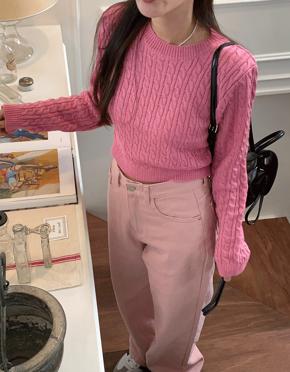 포포 꽈배기 크롭니트 케이블 핑크니트 -4color